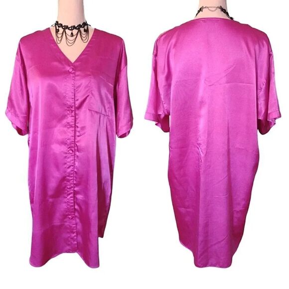 VTG Vanity Fair Hot Pink Satin Button Up Oversized Sleep Shirt XL - Picture 1 of 15